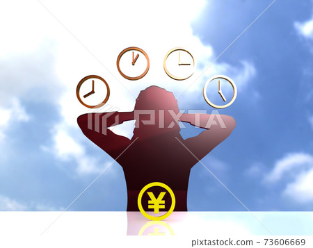 旁邊的一個女人的剪影，她正在掙錢和遭受時間的困擾 73606669