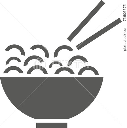 A plate of noodles with chopsticks. Vector black and white illustration. A plate of noodles with chopsticks. Vector black and white illustration. 73606875