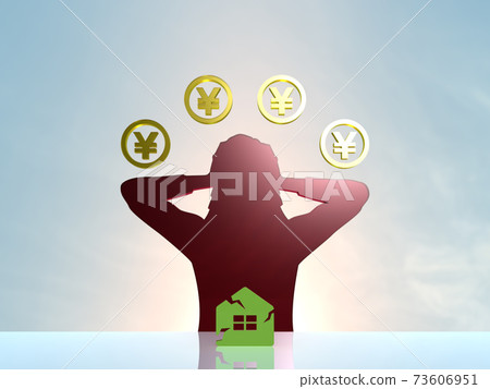 Next to the silhouette of a woman who is worried about money while holding her head to repair her own home 73606951