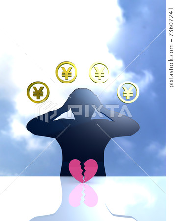 Vertical silhouette of a man suffering from money with his head in divorce or broken heart Vertical silhouette of a man suffering from money with his head in divorce or broken heart 73607241