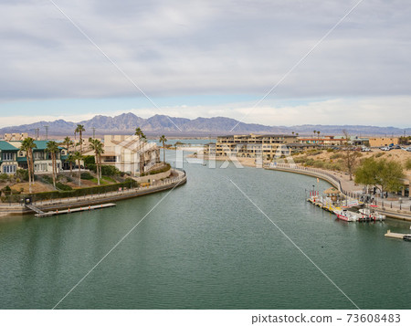 High angle view of the Lake Havasu City and harbor 73608483