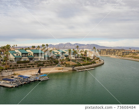 High angle view of the Lake Havasu City and harbor High angle view of the Lake Havasu City and harbor 73608484