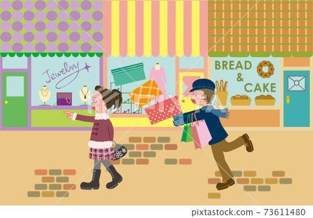 Two children are walking in the shopping district Two children are walking in the shopping district 73611480