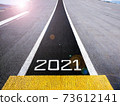 Start and look ahead to the future in new year two thousand twenty one (2021), painted on a runway of an aircraft carrier with lens flair effect 73612141