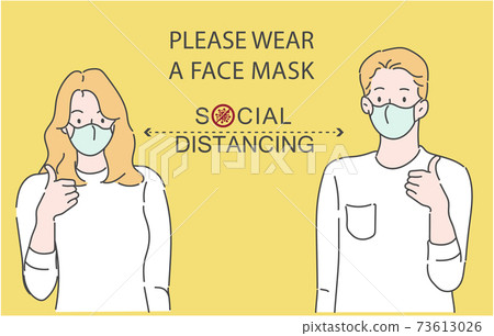 Young man and woman wearing a medical mask. Virus protection concept. Hand drawn in thin line style, vector illustrations. 73613026