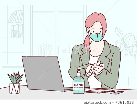 Business woman wearing face mask in the office and use the disinfectant hand gel because of Covid-19 and corona virus. Hand drawn in thin line style, vector illustrations.(A Mask can be removable) 73613038