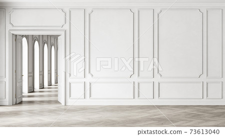 Classic white empty interior with wall panels, open door and wooden floor. 73613040