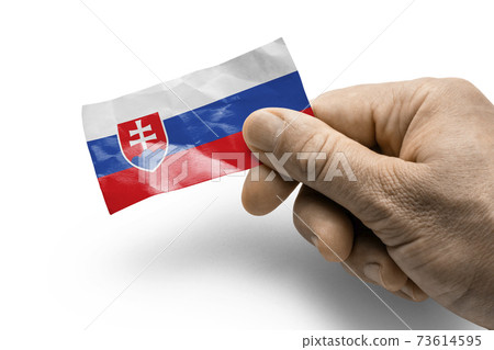 Hand holding a card with a national flag the Slovakia 73614595