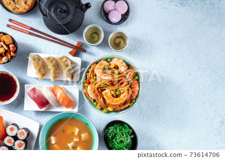Japanese food variety flat lay with a place for text. Various dishes of Japan 73614706