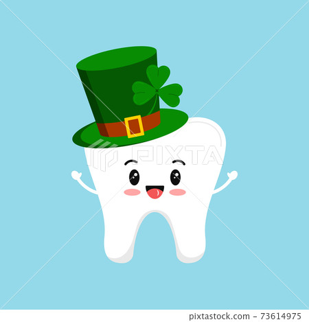 St Patrick day tooth in green leprechaun hat with shamrock. 73614975