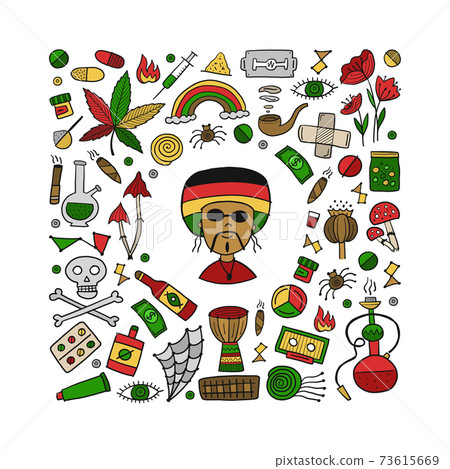 Drugs addiction. Say no to drugs. Rasta collection with skull, marijuana, drum, pills, music symbols 73615669