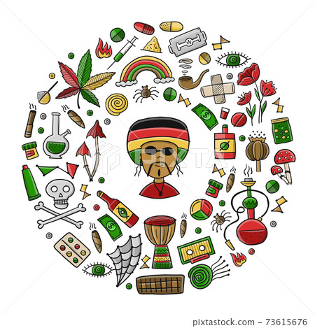 Drugs addiction. Say no to drugs. Rasta collection with skull, marijuana, drum, pills, music symbols 73615676