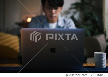 A man concentrating on the sofa towards the computer 73616842