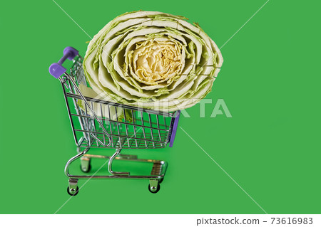 A swing of cabbage in a supermarket trolley on a green background 73616983