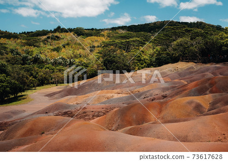 Seven colored earths in Mauritius, nature reserve, Chamarel. The green forest is behind us.Mauritius island 73617628
