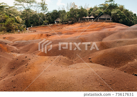 Seven colored earths in Mauritius, nature reserve, Chamarel. The green forest is behind us.Mauritius island 73617631