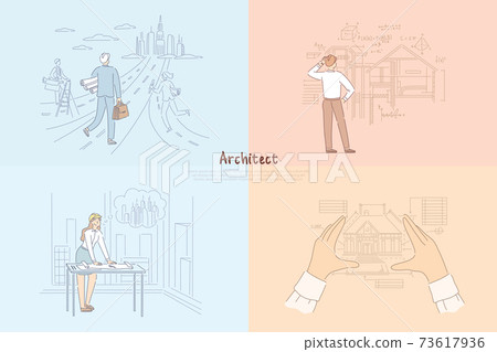 Architect creative work process, man walking towards future town project, woman designing cityscape banner 73617936