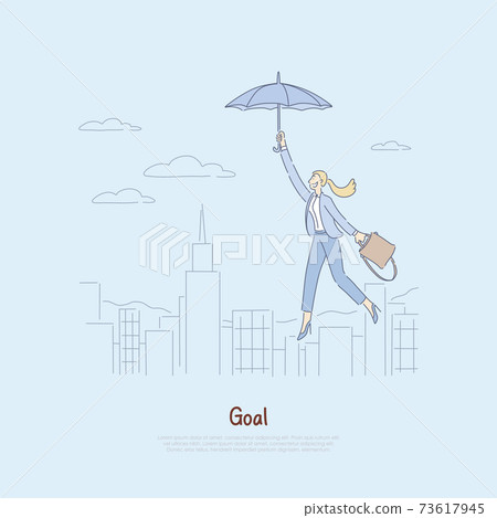Woman floating on umbrella over city, getting inspired to achieve success, personal growth, achievements, self development work banner Woman floating on umbrella over city, getting inspired to achieve success, personal growth, achievements, self development work banner 73617945