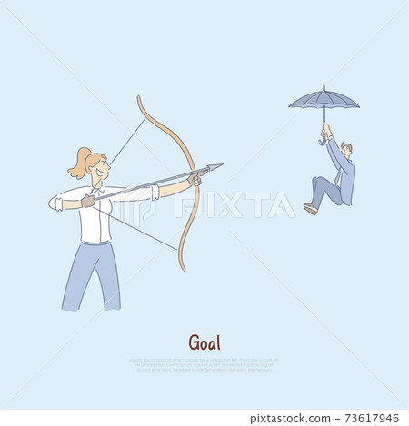 Woman aiming bow with arrow at coworker, man floating down on umbrella, hostile competitive environment banner Woman aiming bow with arrow at coworker, man floating down on umbrella, hostile competitive environment banner 73617946