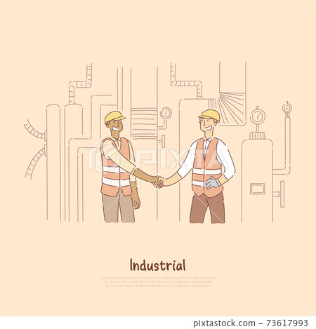 Factory workers shaking hands, engineers, colleagues, partners with hardhats, safety vests with reflective stripes banner Factory workers shaking hands, engineers, colleagues, partners with hardhats, safety vests with reflective stripes banner 73617993