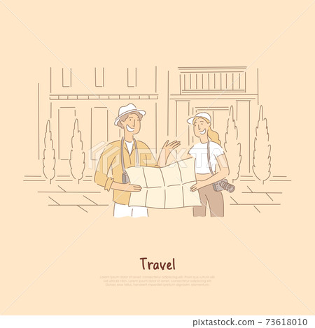 Tourists with map looking for destination, friends, married couple, travelers searching location banner Tourists with map looking for destination, friends, married couple, travelers searching location banner 73618010