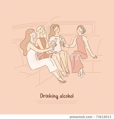 Women sitting in elite car with glasses, celebrating bachelorette party with girlfriends, having toast in seat of limo banner 73618013
