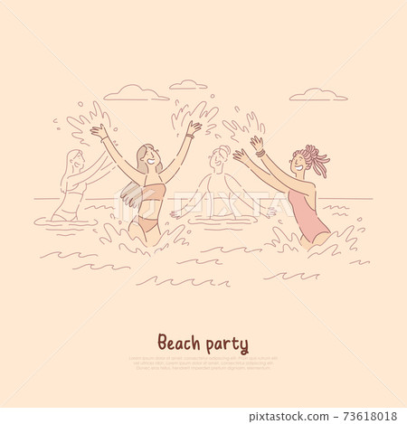 Girls dancing in sea, enjoying summer vacation, beach party fun, celebration banner Girls dancing in sea, enjoying summer vacation, beach party fun, celebration banner 73618018