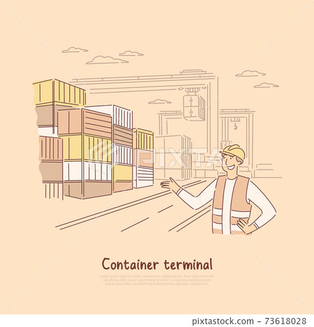 Dock worker at work, male engineer monitoring metal containers shipment, merchandise, goods import, export banner 73618028