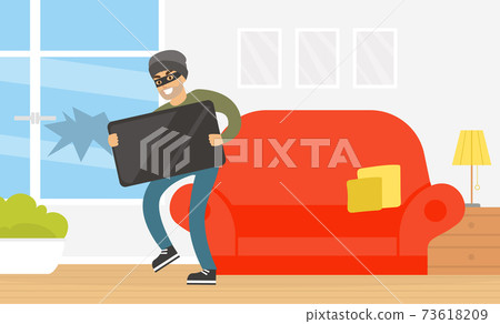 Male Thief Stealing Television from House, Burglar Committing Robbery, Criminal Scene Flat Vector Illustration Male Thief Stealing Television from House, Burglar Committing Robbery, Criminal Scene Flat Vector Illustration 73618209