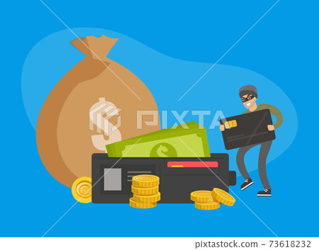 Masked Man Stealing Money and Credit Card, Thief Committing Robbery, Lawless Financial Criminal Scene Flat Vector Illustration Masked Man Stealing Money and Credit Card, Thief Committing Robbery, Lawless Financial Criminal Scene Flat Vector Illustration 73618232