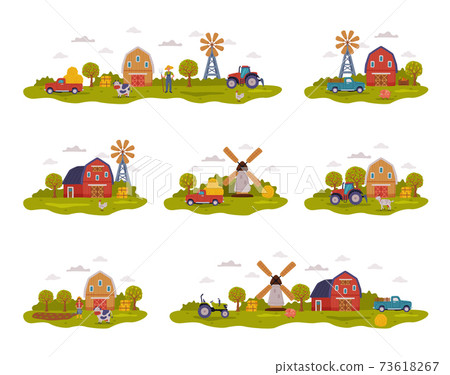 Farm Scenes Collection, Farm Buildings, Farmers, Agricultural Transport and Livestock, Summer Rural Landscape, Agriculture and Farming Concept Cartoon Style Vector Illustration Farm Scenes Collection, Farm Buildings, Farmers, Agricultural Transport and Livestock, Summer Rural Landscape, Agriculture and Farming Concept Cartoon Style Vector Illustration 73618267