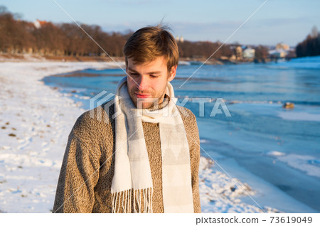Happy winter holidays. Flu and cold. Sexy man in winter Happy winter holidays. Flu and cold. Sexy man in winter 73619049