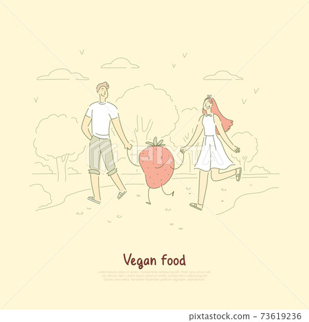 Young vegan couple, husband and wife on outdoor stroll with cute strawberry, surreal vegetarian lifestyle banner 73619236