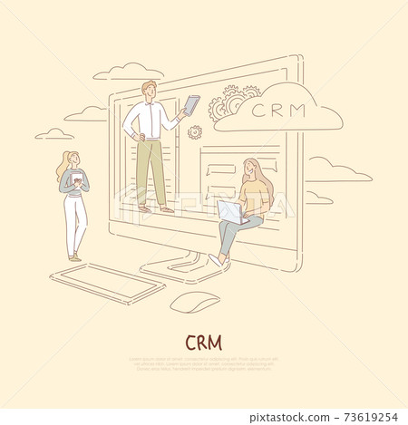 Client support system, company communication service, young colleagues analyzing data, crm software banner 73619254