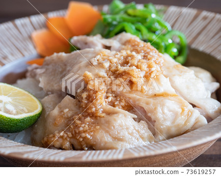 在米頂部的雞肉菜餚,Khao Man Gai用調味汁。 在米頂部的雞肉菜餚,Khao Man Gai用調味汁。 73619257