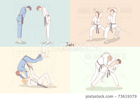 Judo training, young students in kimono bow down, practicing footboard and throw, oriental martial arts banner 73619379