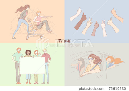 Girlfriends having fun, hands show thumbs up, people holding blank placard, girls on road trip, friendship banner 73619380