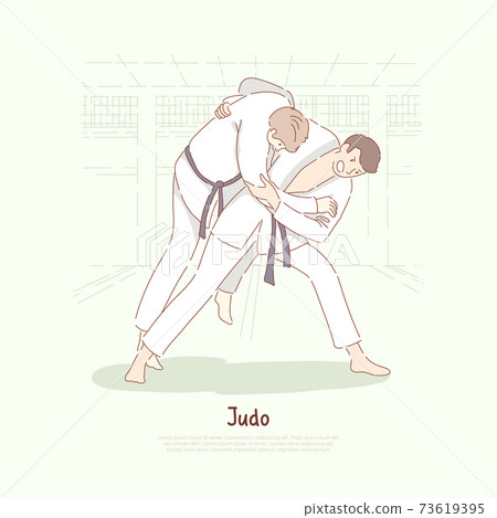 Traditional asian martial arts sparring, young men in kimono practicing footboard, self defence, judo school banner 73619395