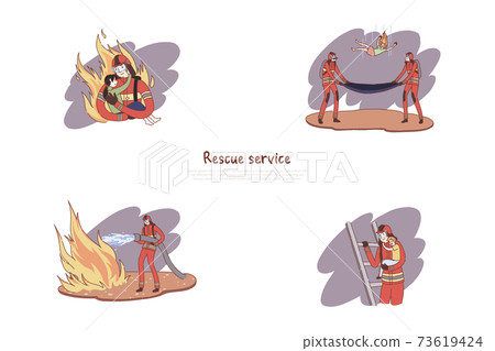 Brave firefighters in uniform, heroes extinguishing fire, rescuing children, rescue service banner Brave firefighters in uniform, heroes extinguishing fire, rescuing children, rescue service banner 73619424
