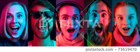 Collage of portraits of young emotional people on multicolored background in neon. Concept of human emotions, facial expression, sales. Collage of portraits of young emotional people on multicolored background in neon. Concept of human emotions, facial expression, sales. 73619470