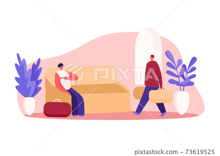 Travelers with luggage waiting for registration, young woman sitting on sofa, man holding baggage, guesthouse lounge zone 73619525