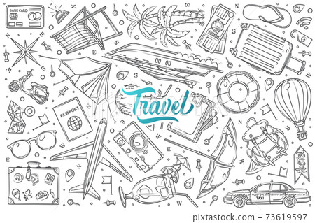 Hand drawn travel, vacation set doodle vector background Hand drawn travel, vacation set doodle vector background 73619597