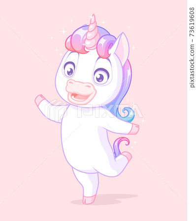 Cute baby unicorn standing on one leg. Vector cartoon character on pink background. Cute baby unicorn standing on one leg. Vector cartoon character on pink background. 73619608