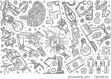 Hand drawn robotics set doodle vector background Hand drawn robotics set doodle vector background 73619610