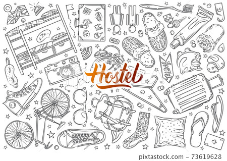 Hand drawn hostel set doodle vector background 73619628