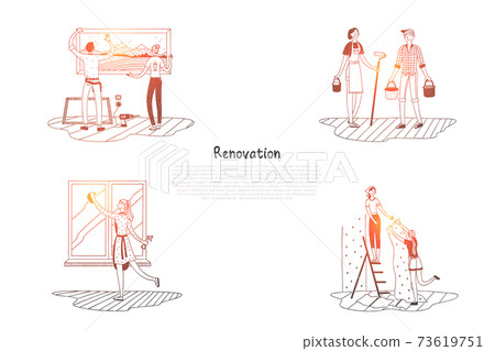 Renovation - people cleaning and decorating their apartments vector concept set 73619751