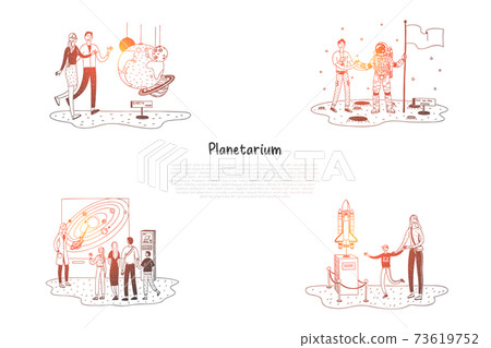 Planetarium - people in planetarium looking at exhibitions and presentations vector concept set 73619752