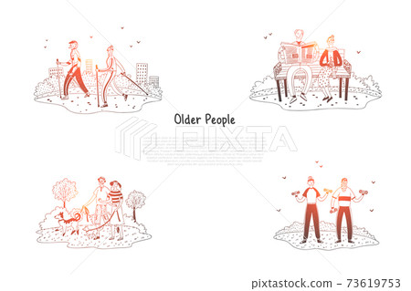 Older people - elderly people making exercises, walking, reading and having active lifestyle vector concept set 73619753