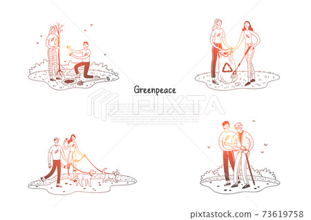 Greenpeace - people collecting garbage, planting trees, helping elderly people, walking dogs vector concept set 73619758