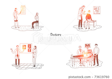Doctors - oculist, surgeon, otolaryngologist, therapist with patients vector concept set 73619760